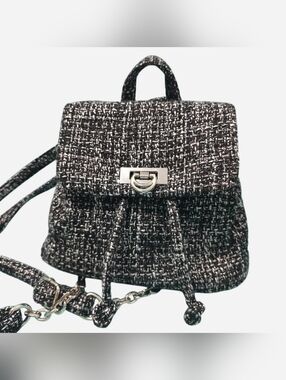 Black and White Tweed Mini Backpack with Silver-Tone Hardware